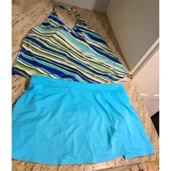 LL Bean Tankini Swim Skirt Set Plus Size 18 Blue Green Stripe Halter - Picture 1 of 16